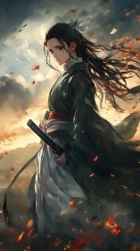 Calm samurai warrior standing in sunset winds and falling leaves.