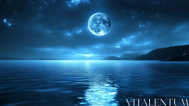 Glowing full moon bathes a calm blue sea in quiet silver light