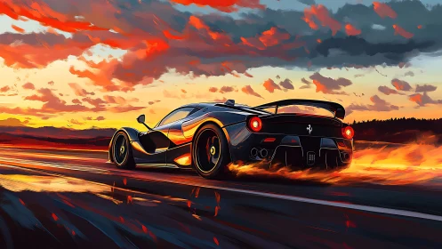 Digital supercar rendering on sunset highway with flames.