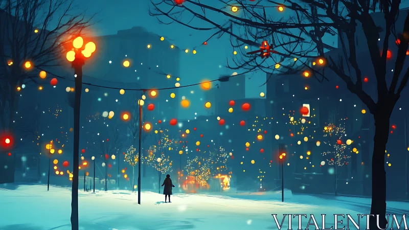 Snowy urban boulevard with hanging lantern lights at twilight