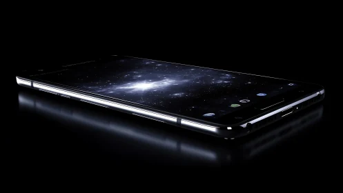 Edge-lit smartphone displaying galactic OLED interface horizon.
