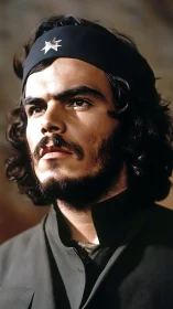 Bearded man in dark attire gazes upward in dramatic light