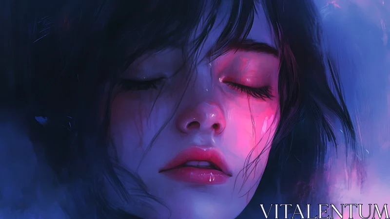 Melancholic portrait glows under neon magenta tears.
