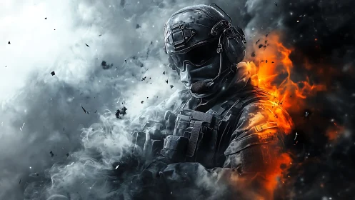 Calm futuristic soldier standing between smoke and fire.