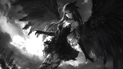 Dark-winged anime angel dominates stormy monochrome sky