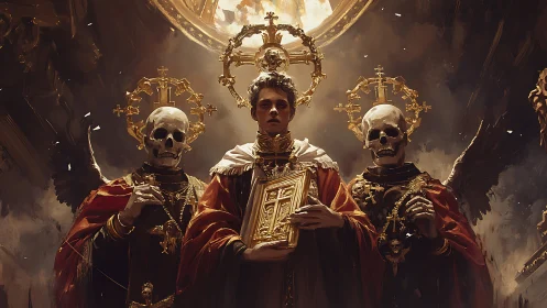 Baroque-lit cleric flanked by skeletal cardinals in gilded regalia