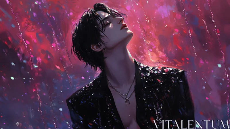 Male figure in glossy jacket against vivid abstract lights