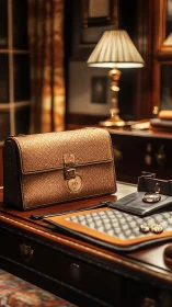 Golden leather briefcase reigns in lamplit study elegance.
