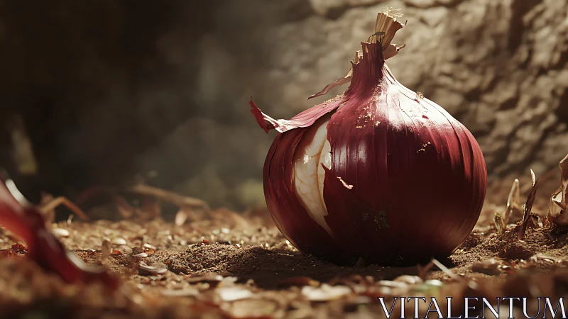Sunlit red onion rests gently on warm earthy ground