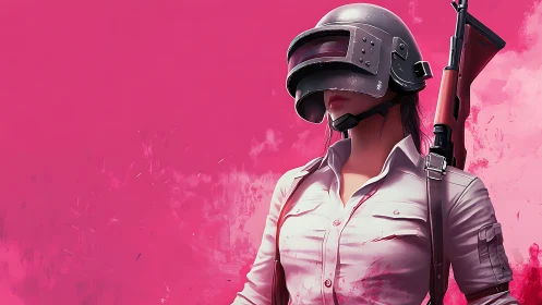 Helmeted female shooter in white shirt on pink backdrop.
