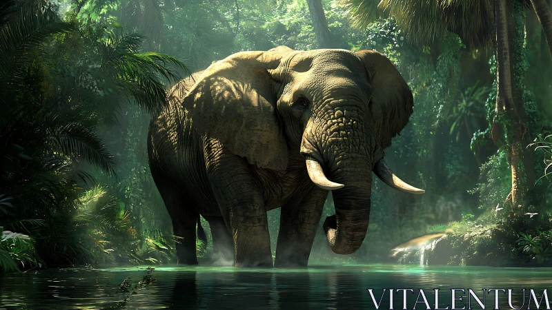 Majestic bull elephant advances through verdant jungle shallows