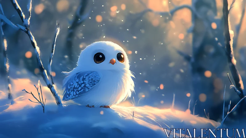 Cute White Baby Owl in Snowy Forest, Digital Art Illustration.