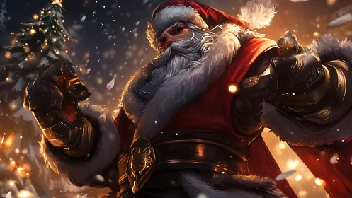 Battle ready Santa Claus in ornate armor amid falling snow