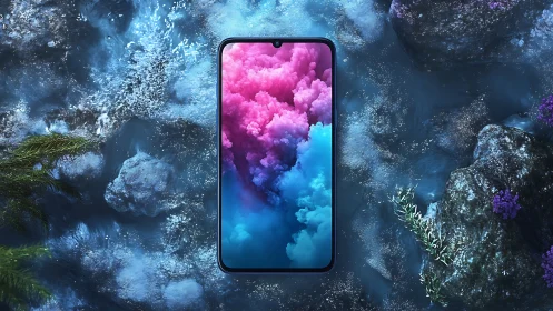 Smartphone with bright gradient display floats above water