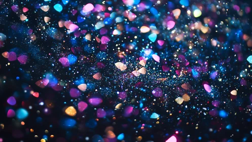 Defocused multicolor bokeh particles create cosmic glitter field
