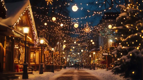 Snowy pedestrian street glows with dense winter lights