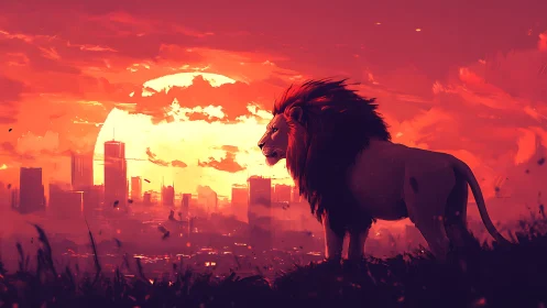 Lion overlooks glowing city skyline at red sunset.