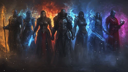 Elemental fantasy warriors aligned in dramatic arcane light.