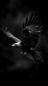 Monochrome eagle in dramatic midair descent over void sky.