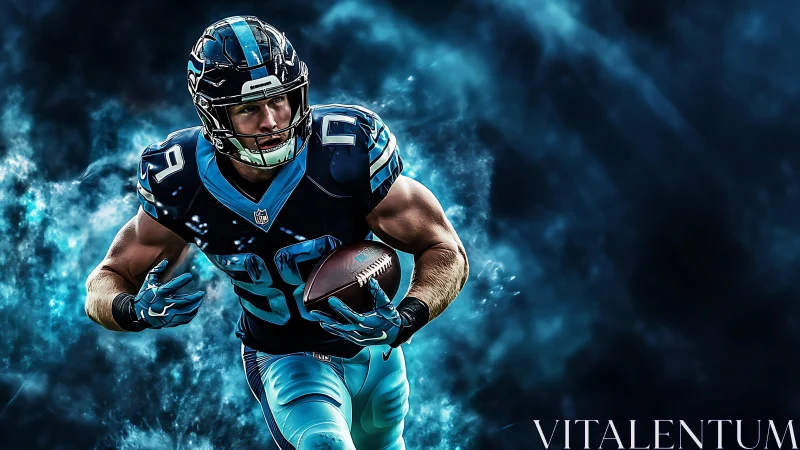 Gridiron runner charges through teal vapor trail backdrop.