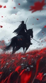 Lone armored rider crosses crimson field under storm sky.