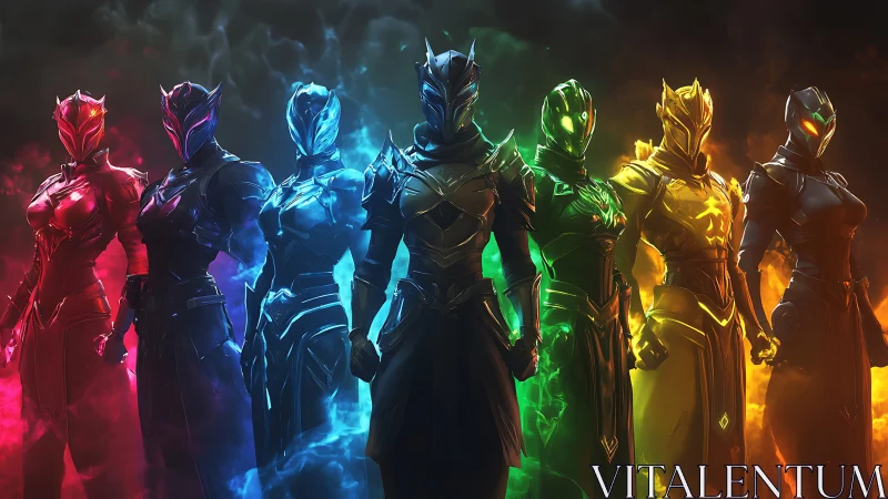 Armored elemental warriors stand aligned in chromatic mist