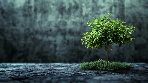 Isolated ornamental tree on cracked stone ground, moody lighting