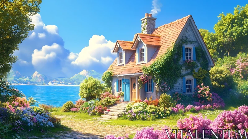 Coastal cottage with dormered mansard roof rendered in stylized digital painting composition featuri