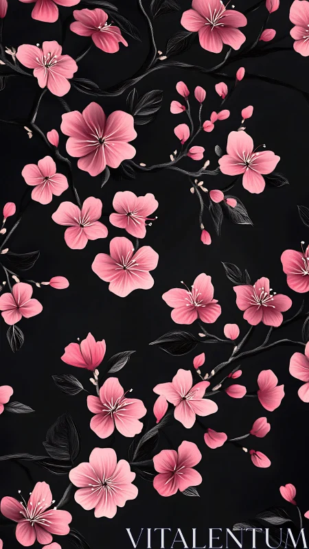 Pink Floral Pattern with Black Background and Botanical Details
