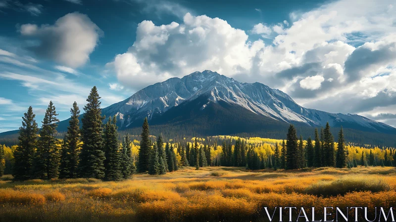 Alpine range above autumn conifer meadow under sculpted clouds.