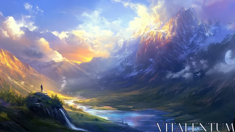 Lone figure overlooking vast fantasy mountain valley.
