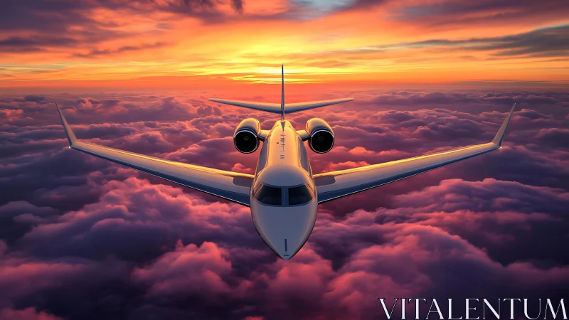 Golden sunset welcomes a sleek jet soaring above soft clouds
