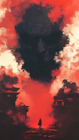 Silhouette stands beneath skull-shaped cloud in red sky