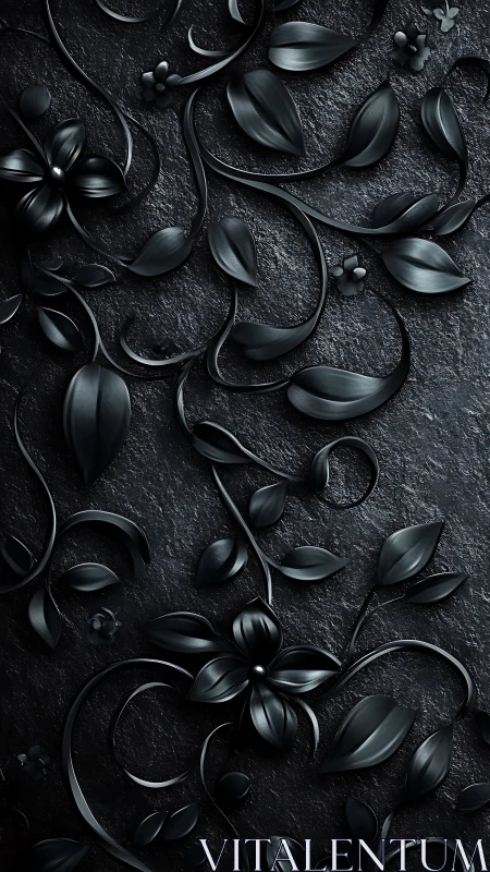 Monochrome floral relief with sculpted metallic foliage pattern.