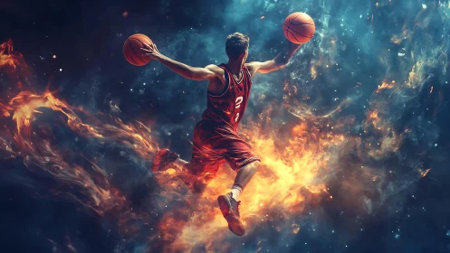 Basketball player in midair set against contrasting fire effects