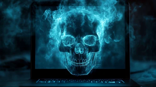 Ghostly cyber skull rises from neon-smoked laptop screen.