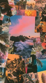 Tropical photo collage with sunset surf and palm fragments.