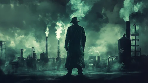Lone figure in trench coat faces dark, smoking refinery.