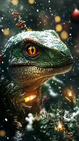 Snow-dusted velociraptor enjoys whimsical festive lights