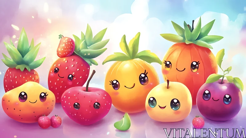 Kawaii style digital illustration of assorted smiling fruit.