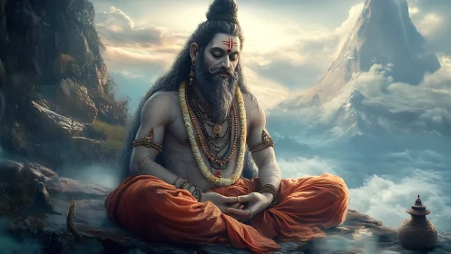 Meditating ascetic seated on mountain ledge above clouds.