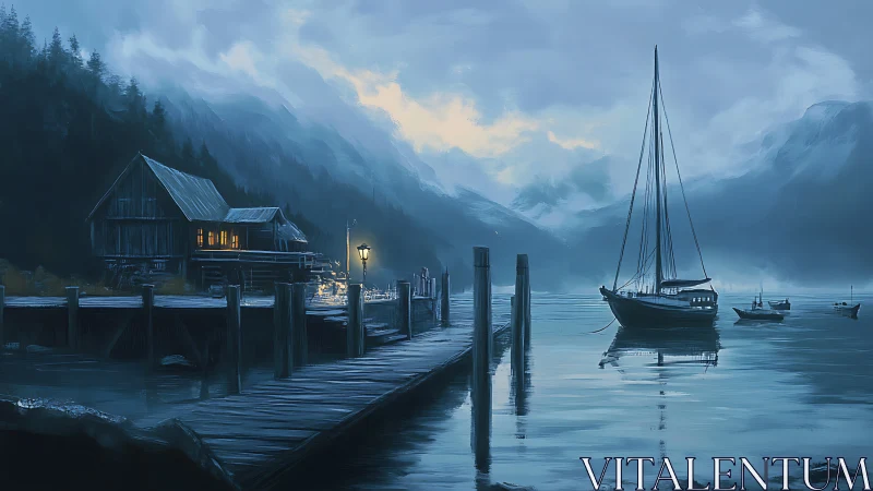 Quiet mountain harbor dock at dusk with anchored sailboat.