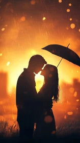 Silhouetted Couple Sheltered Under Umbrella with Luminous Golden Bokeh Background
