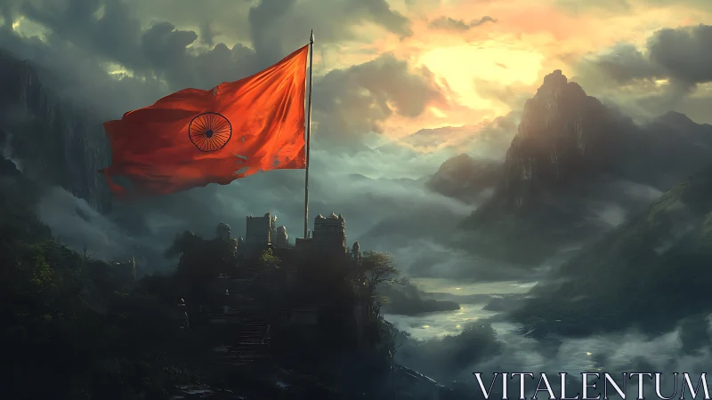 Indian flag billows above misty mountain fortress at dawn.