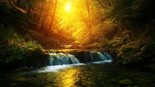 Low cascade forest stream under intense golden backlit sunset glow