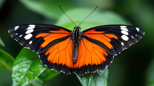 Orange black butterfly rests on fresh green leaf