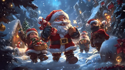 Joyful little Santas stroll through a glowing snowy village