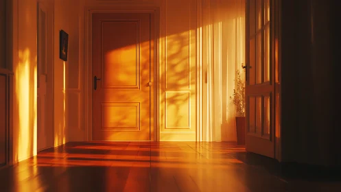 Sunlit interior corridor records angled late-day illumination