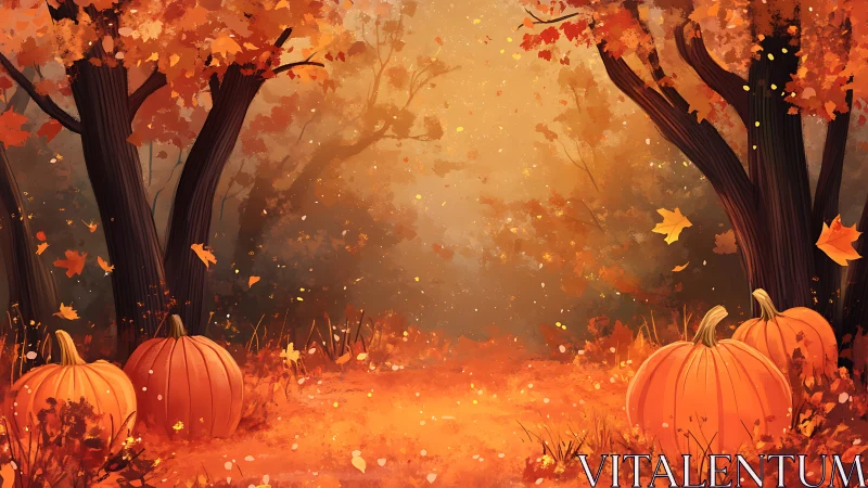 Autumn forest corridor with pumpkins and layered atmospheric depth