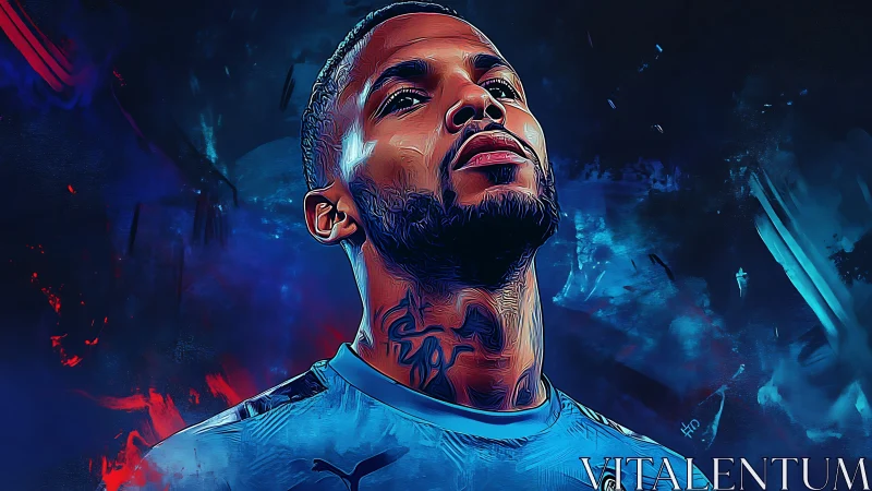 Dynamic digital portrait of footballer in electric blues.